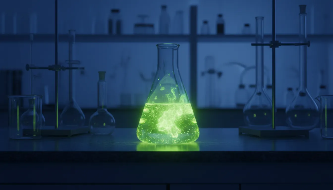 A glass flask with a colorful chemical compound in a dimly lit lab setting.