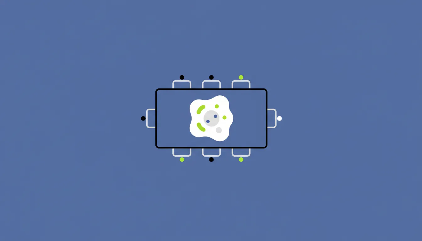 A minimalist illustration of a cell and a boardroom table in a life sciences context.