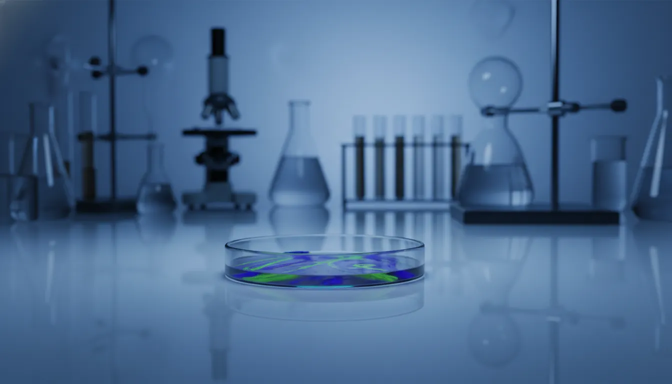 A petri dish containing a sputum sample in a dimly lit laboratory setting.