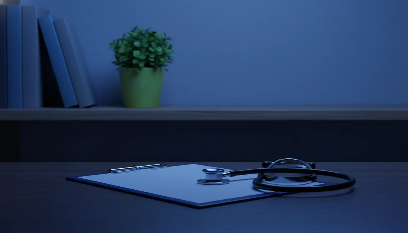A medical chart and stethoscope in a dimly lit healthcare office