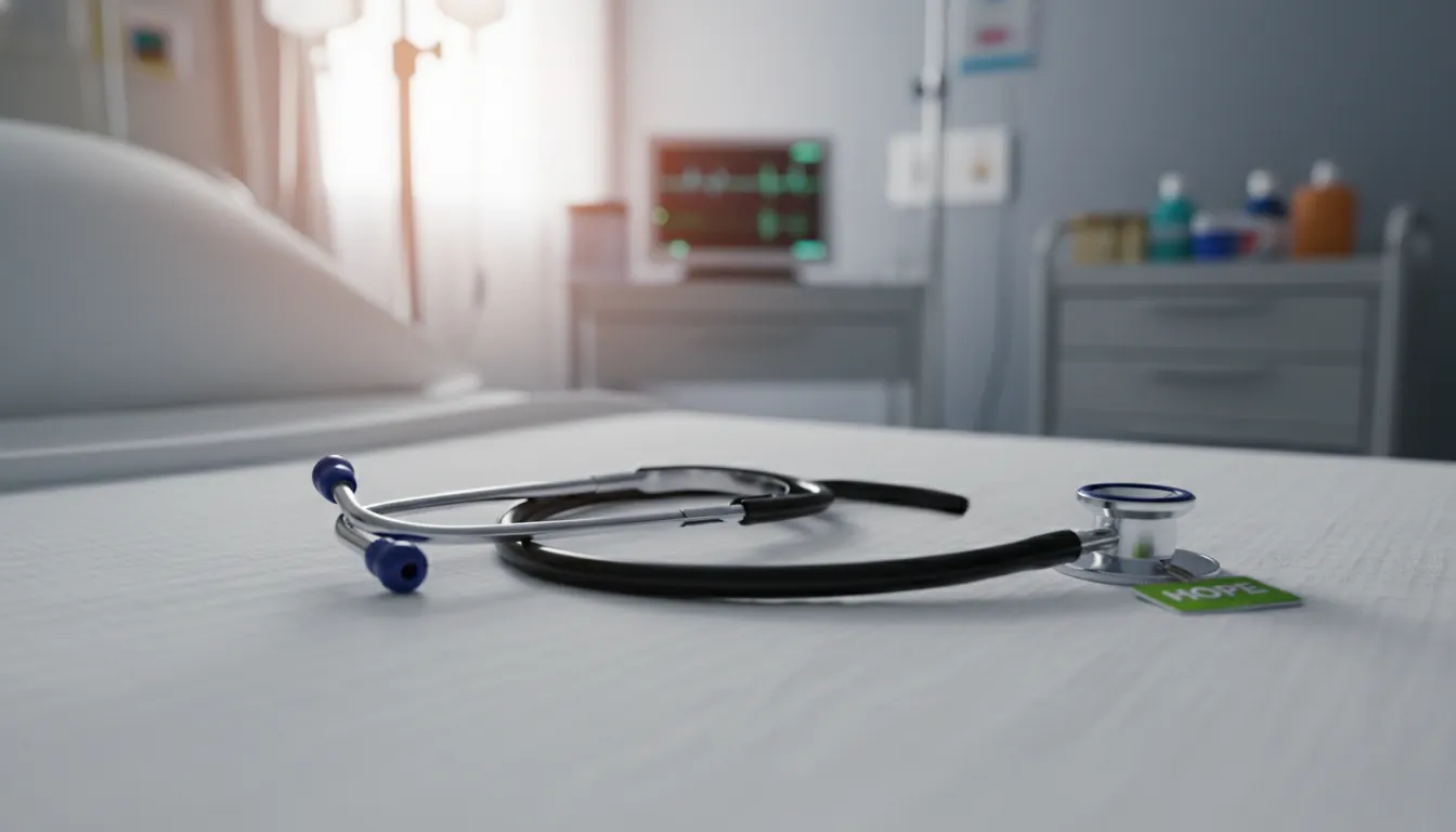 A stethoscope on a hospital bed in a clinical setting.
