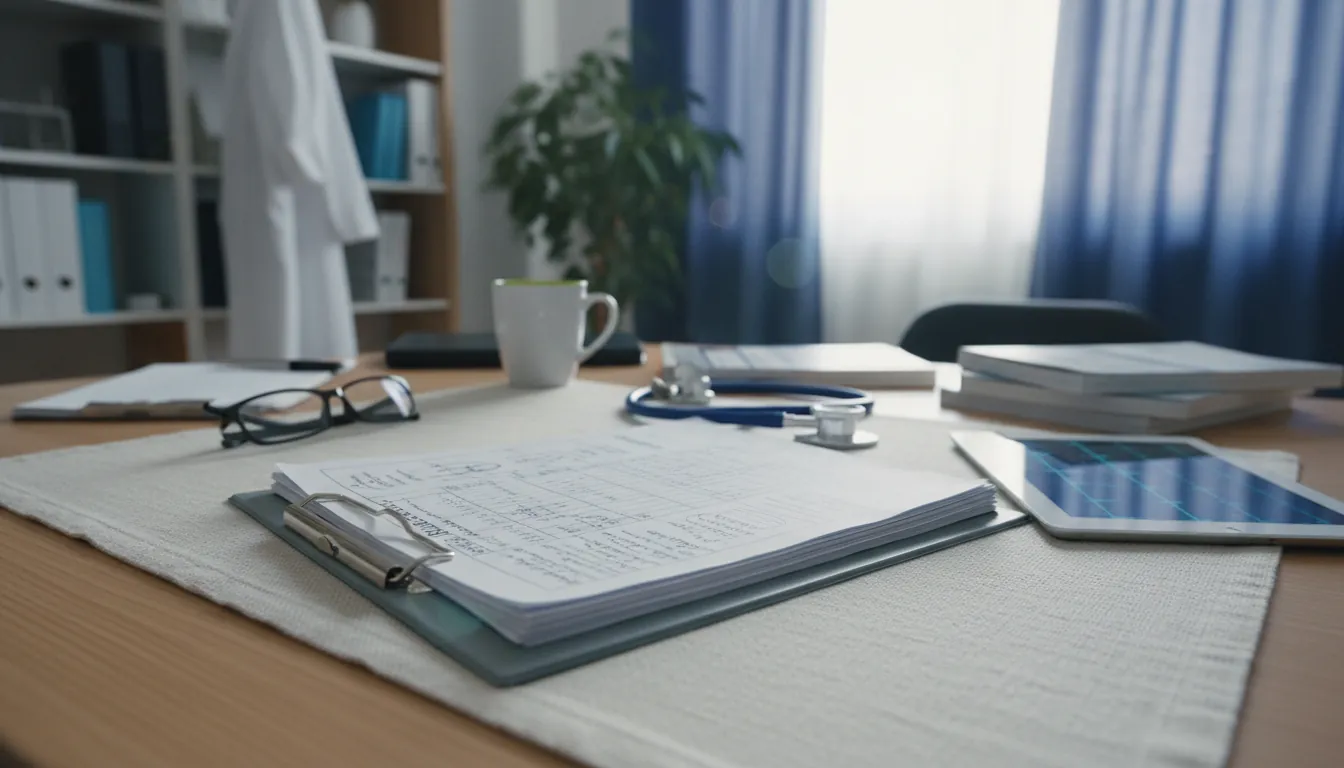 A clipboard with a medical report in a clinical office setting.