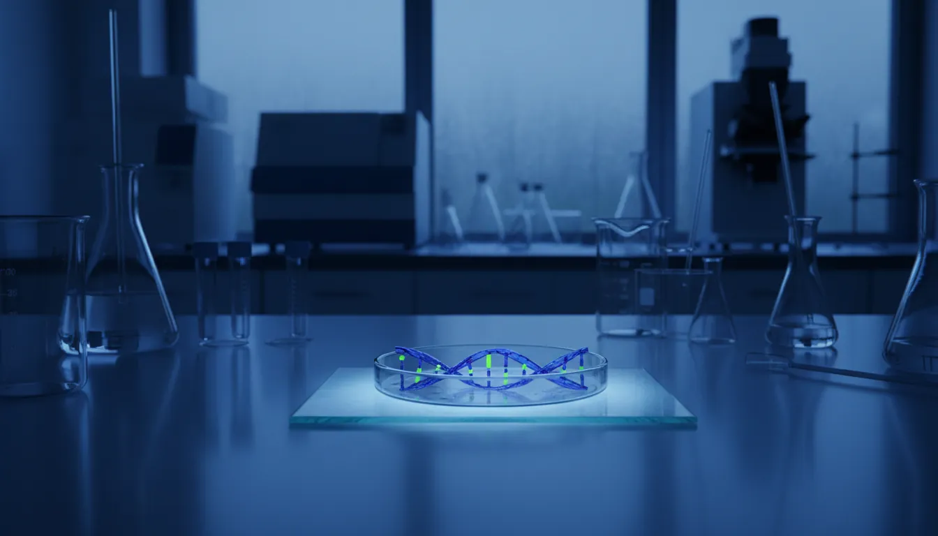 A DNA sequencing sample on a lab bench in a dimly lit laboratory.