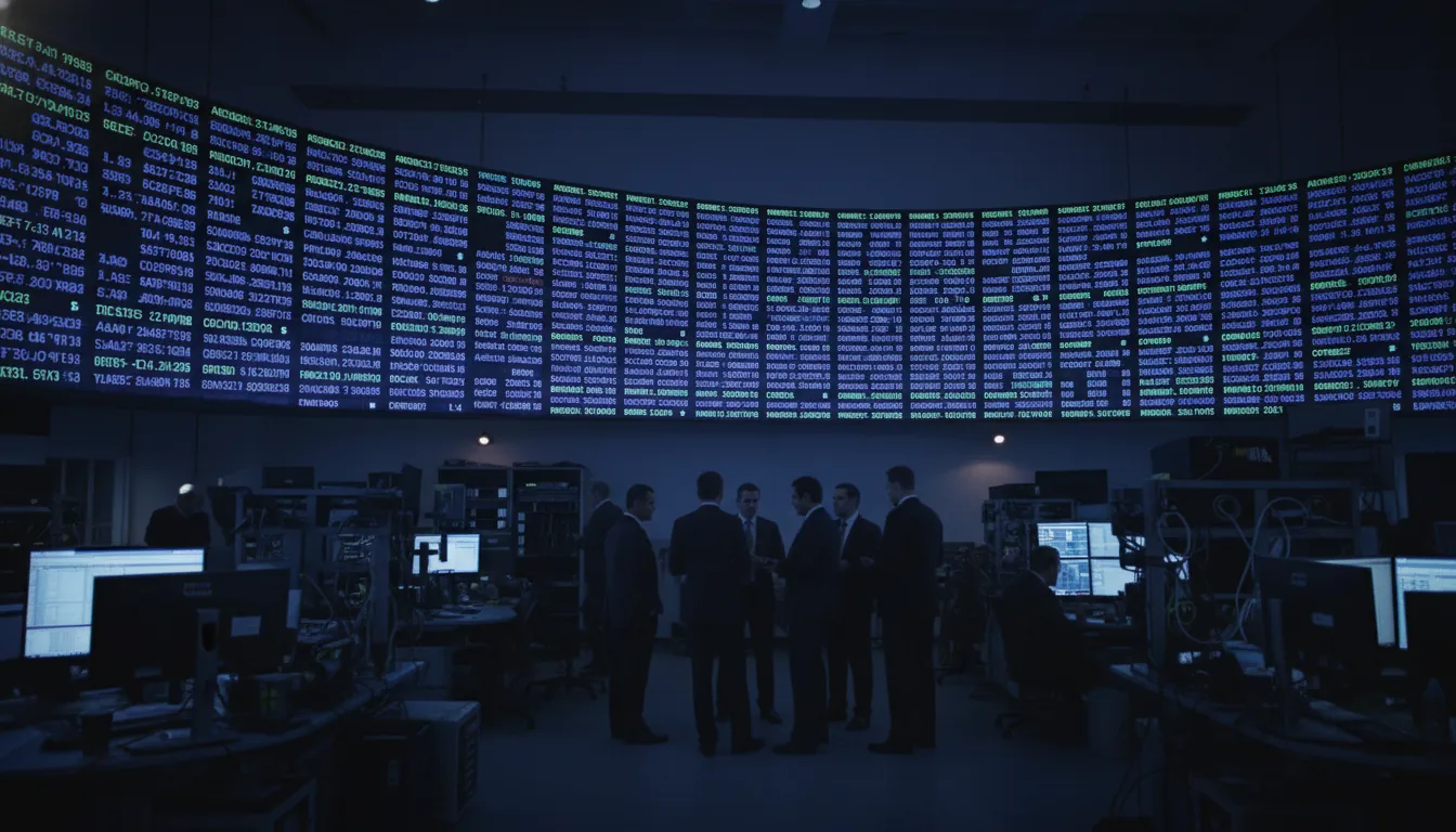 A stock market ticker on a trading floor during blue hour