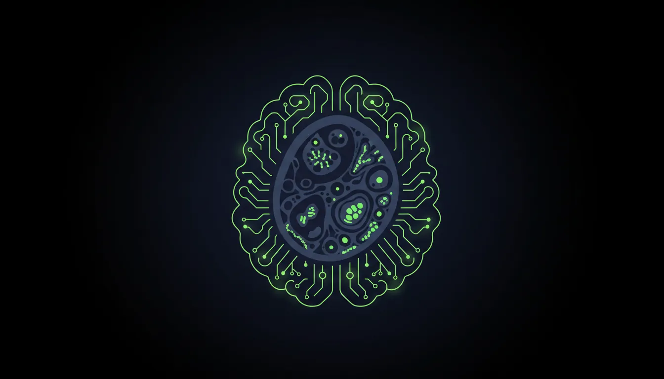 A minimalist representation of a pathology sample and AI brain silhouette.
