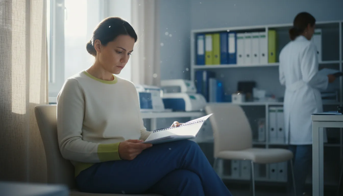 A clinical trial participant reviewing a medical chart in a research facility.