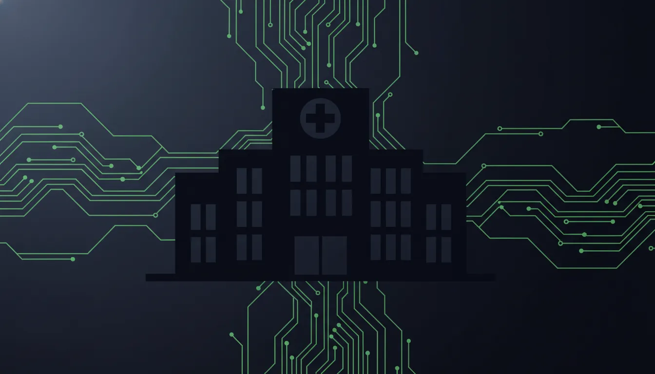 Silhouette of a hospital building with digital elements