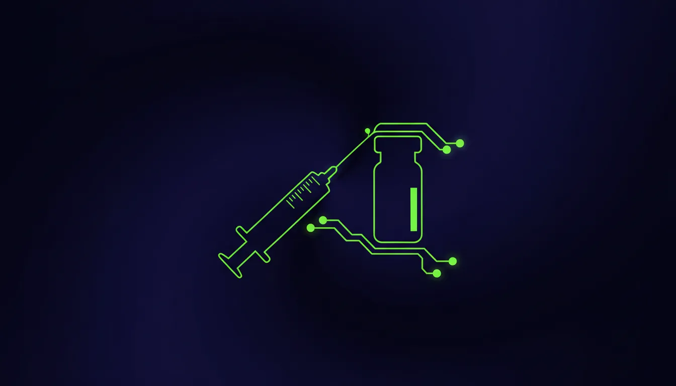 A minimalist illustration of a syringe and vial on a dark background.