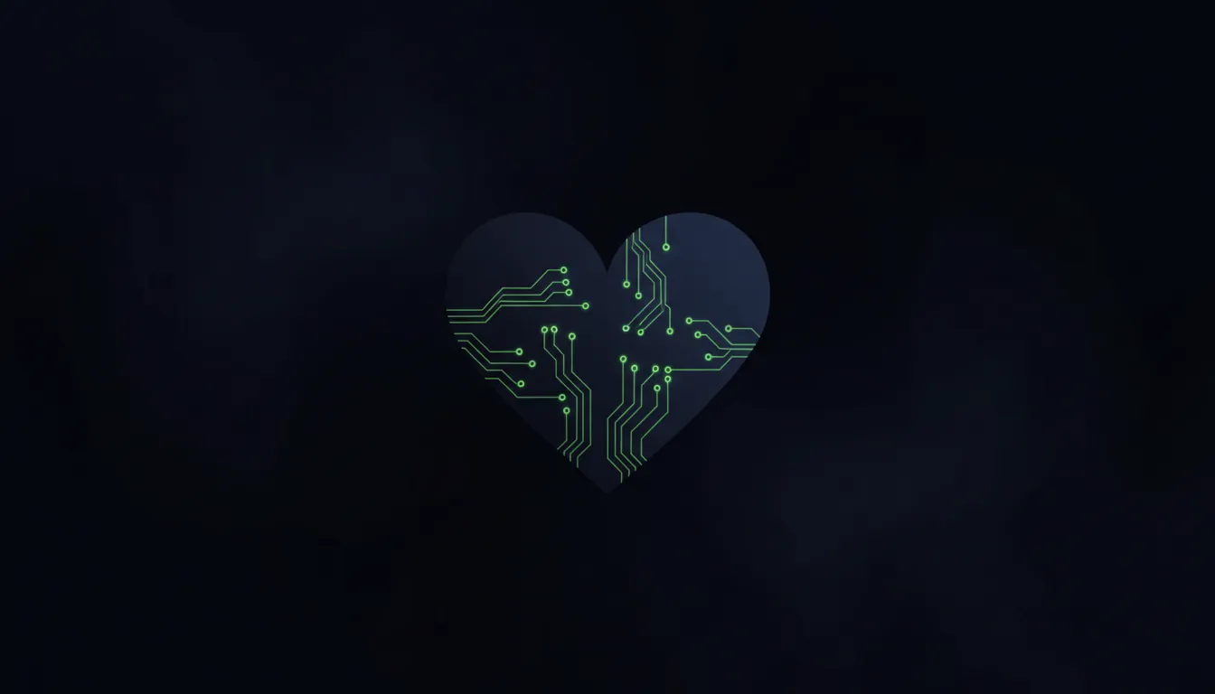 A minimalist heart silhouette with circuit patterns, representing AI in cardiac diagnostics.