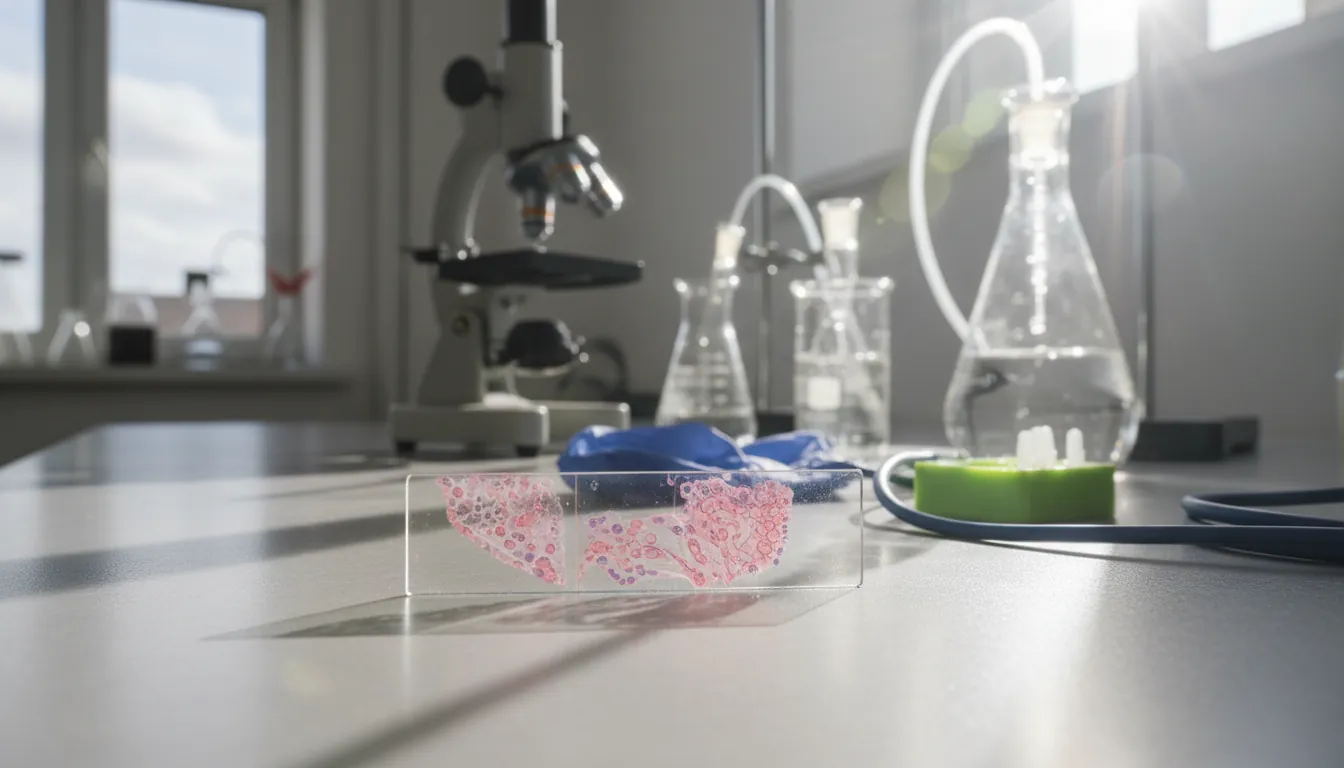 A microscope slide with a tissue sample on a lab bench