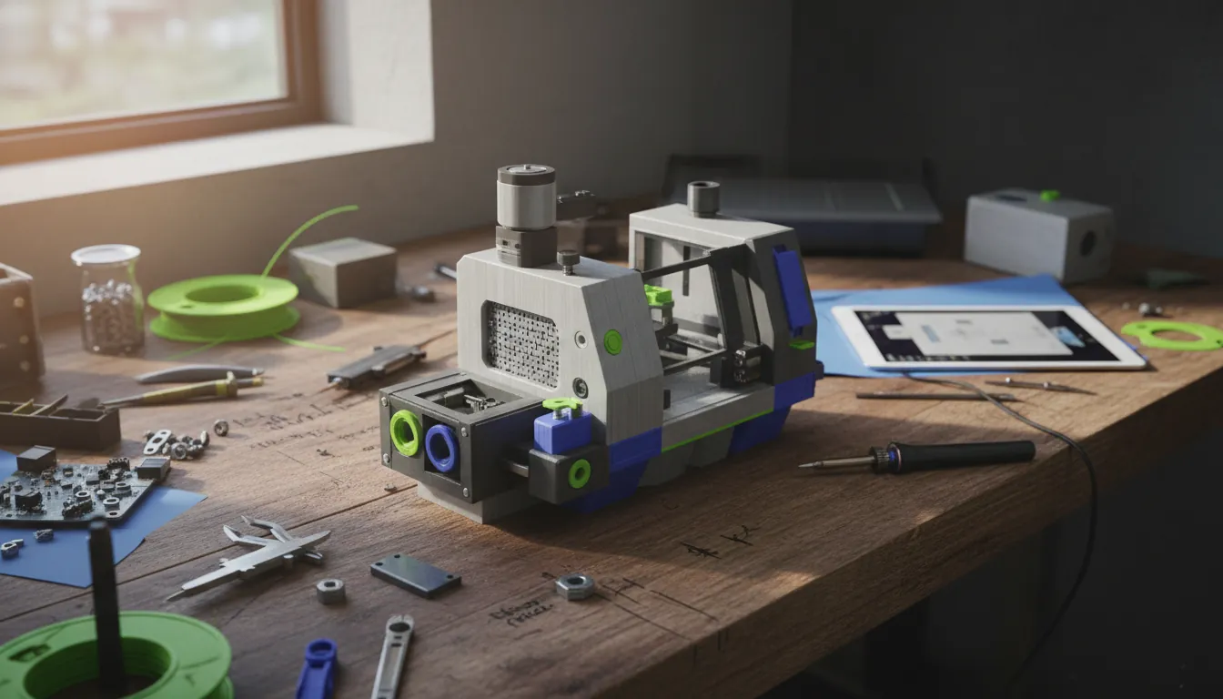 3D printed industrial equipment model on a workbench