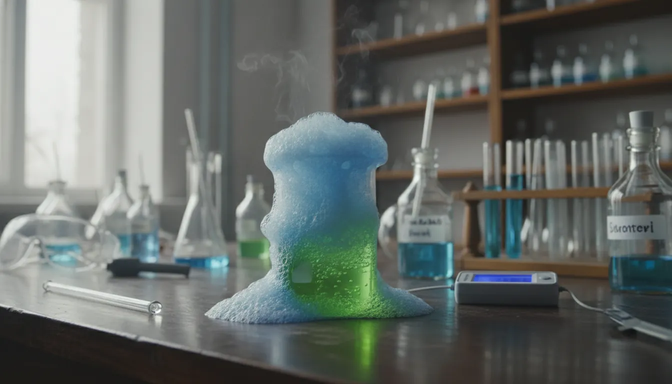 A bubbling chemical reaction in a glass beaker on a lab bench, surrounded by shelves of glassware.