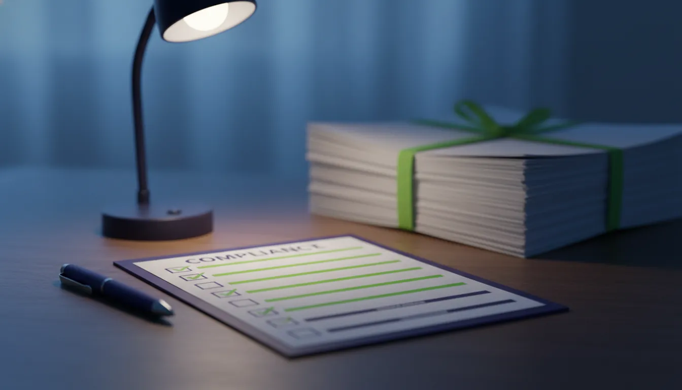 A compliance checklist on a desk in a dimly lit office