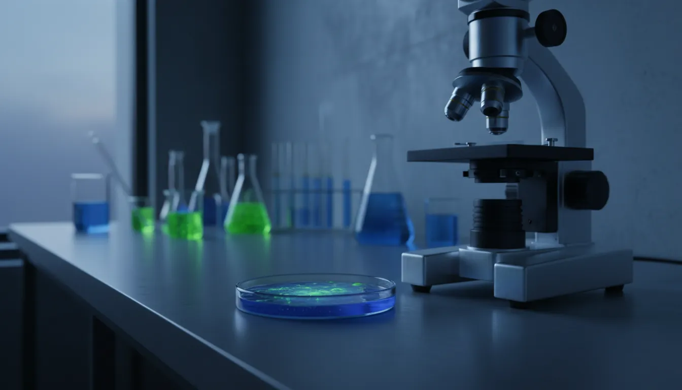 A test sample and microscope in a dimly lit lab setting