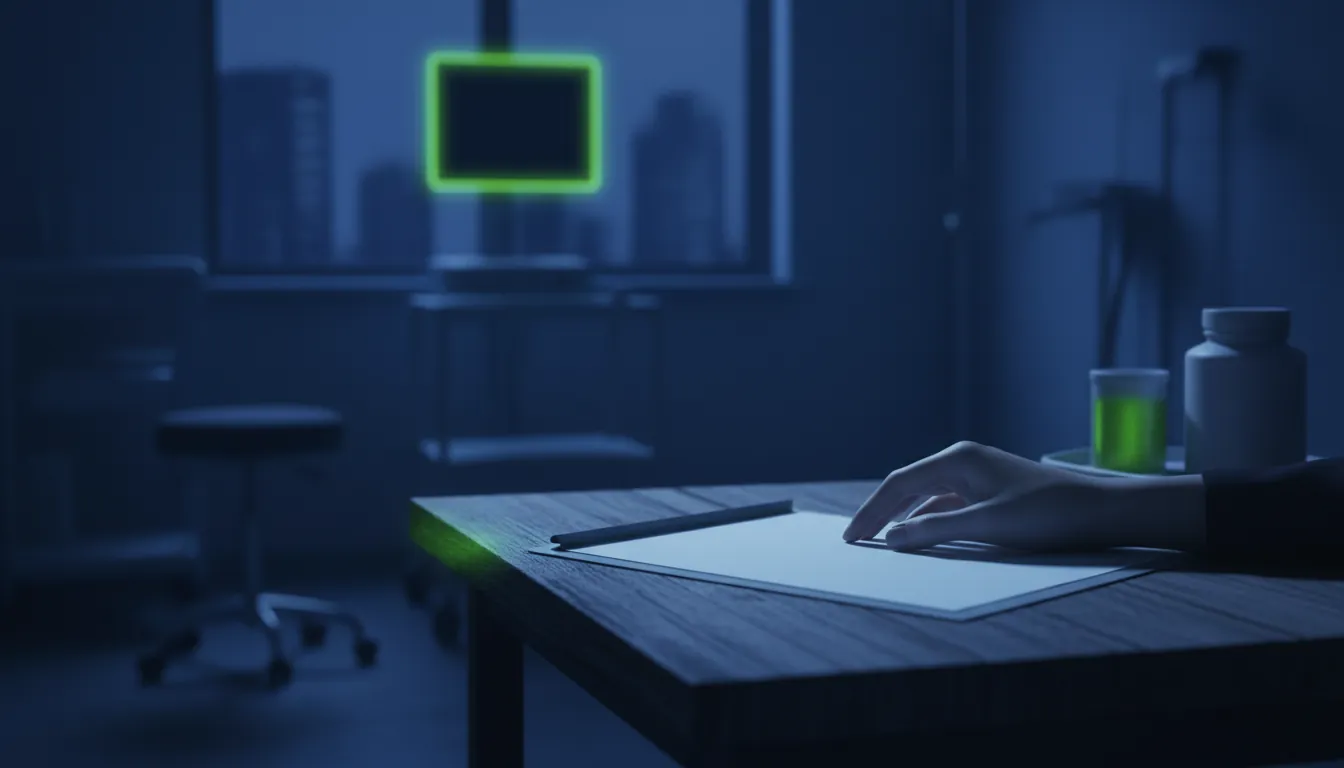 A hand holding a medical report in a dimly lit examination room