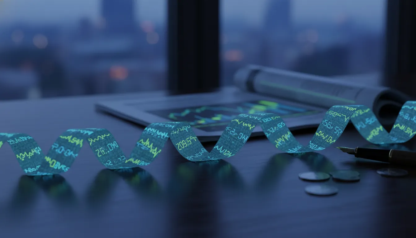 A stock market ticker tape on a desk with a financial newspaper in a dimly lit office.