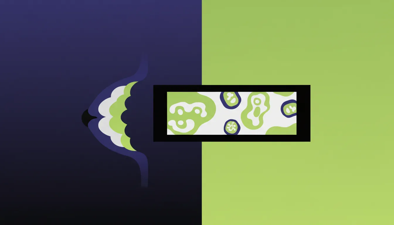 A minimalist illustration of a breast and a pathology slide on a solid background.