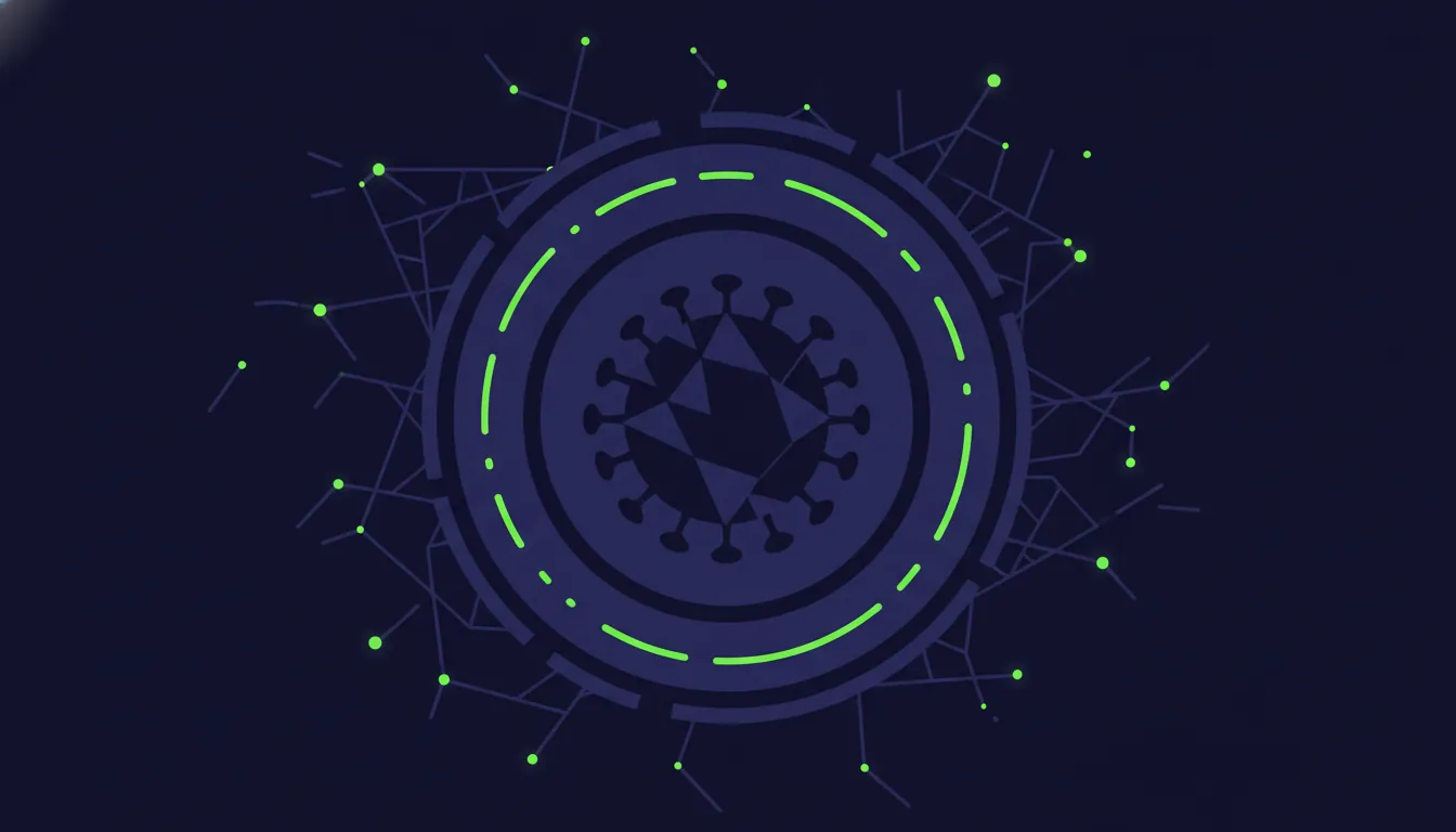 A minimalist illustration of a virus and cell in dark colors with lime accents.