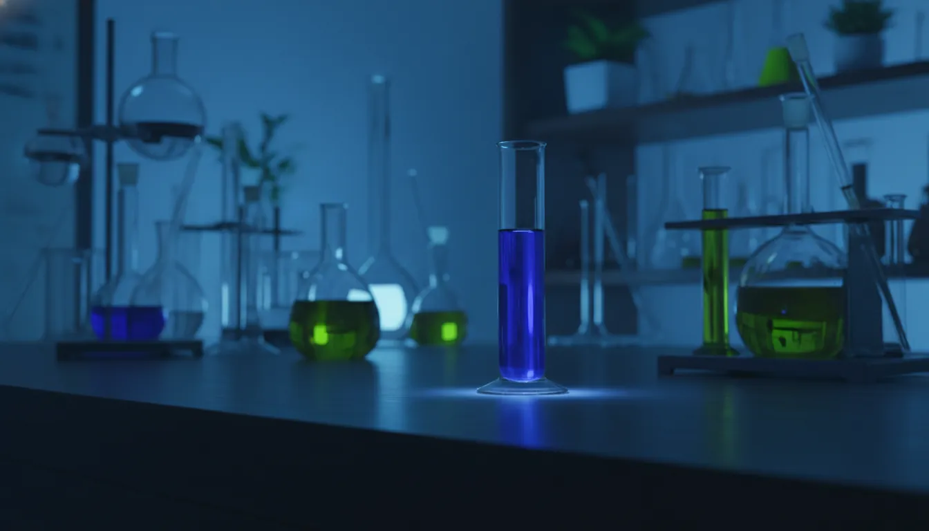 A test tube with a colorful chemical solution in a dimly lit lab
