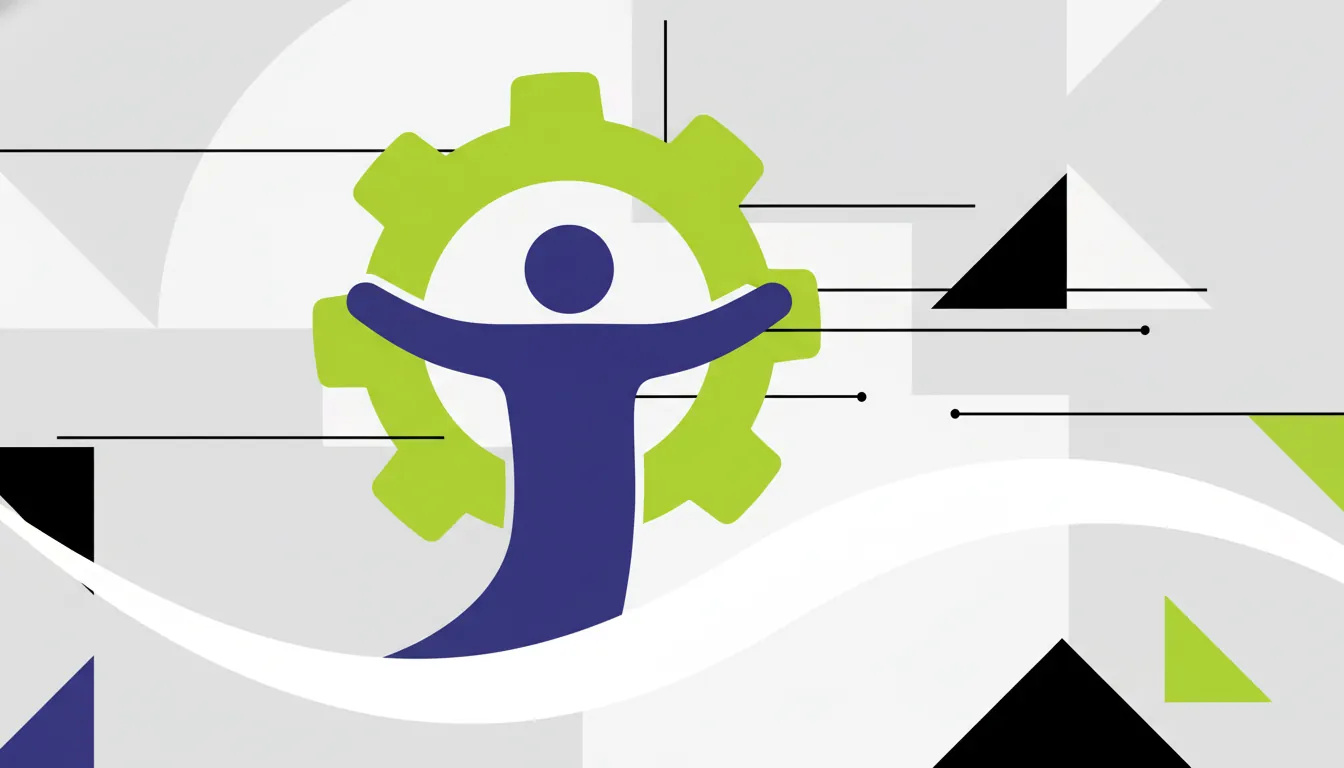 A minimalist representation of a human silhouette and gear symbolizing the biotechnology workforce.