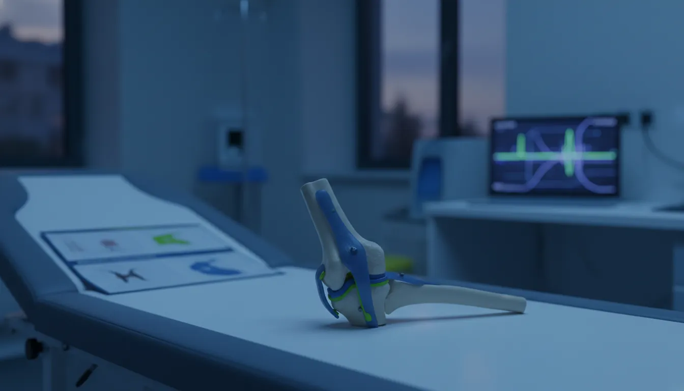 An anatomical model of a knee joint in a clinical setting, symbolizing hemophilia treatment.