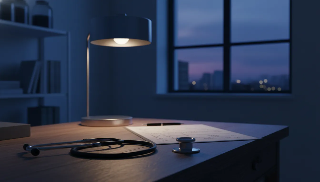 A stethoscope on a wooden desk in a dimly lit clinic room, with a glowing lamp and medical chart in the background.