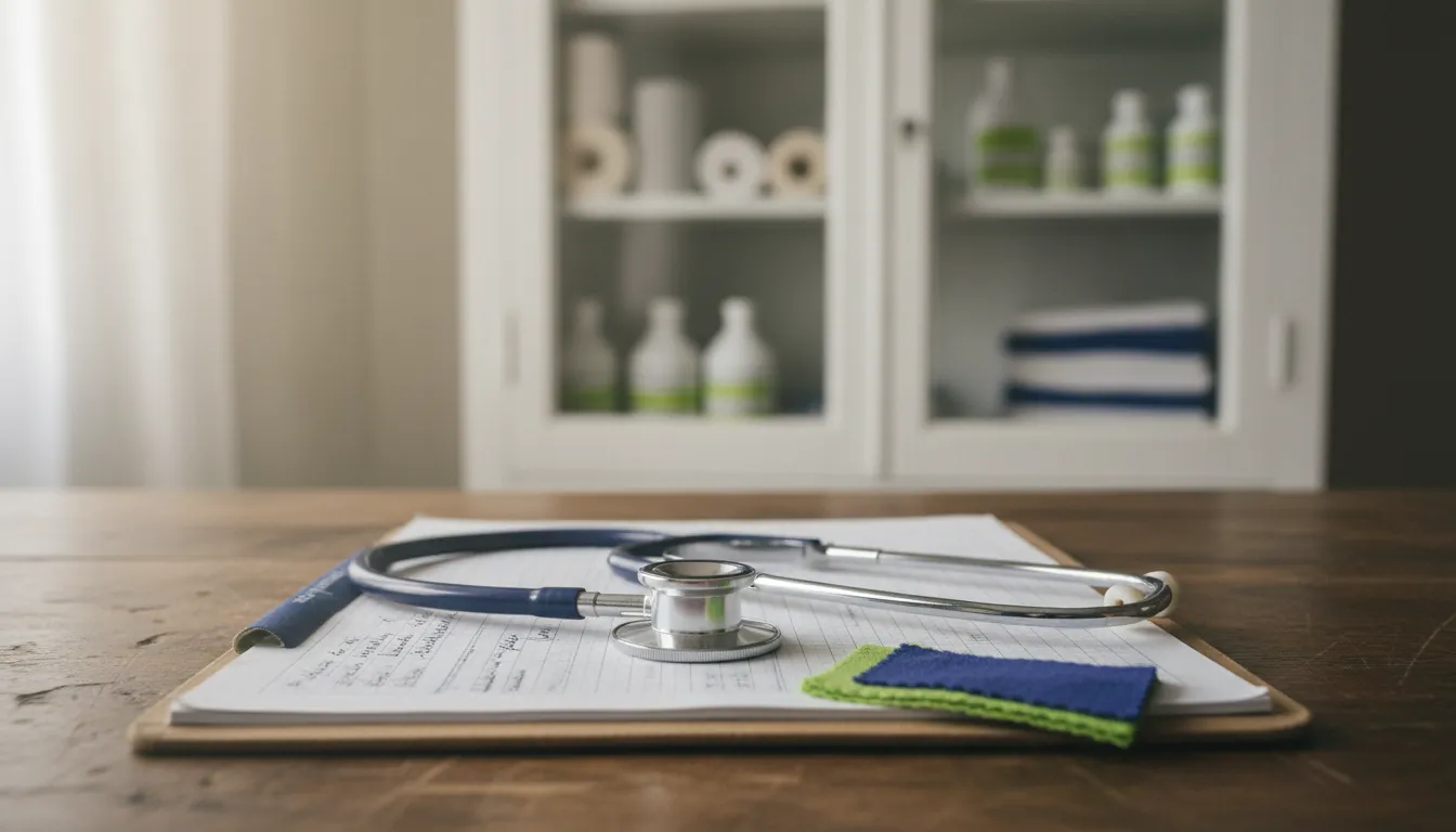 A stethoscope on a patient chart in a clinical setting.