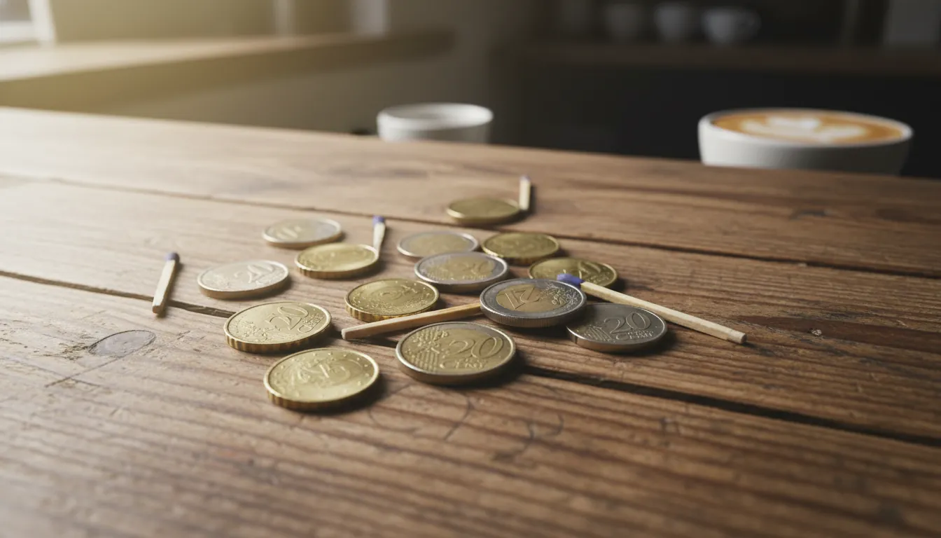 A handful of euro coins on a rustic wooden table in a café