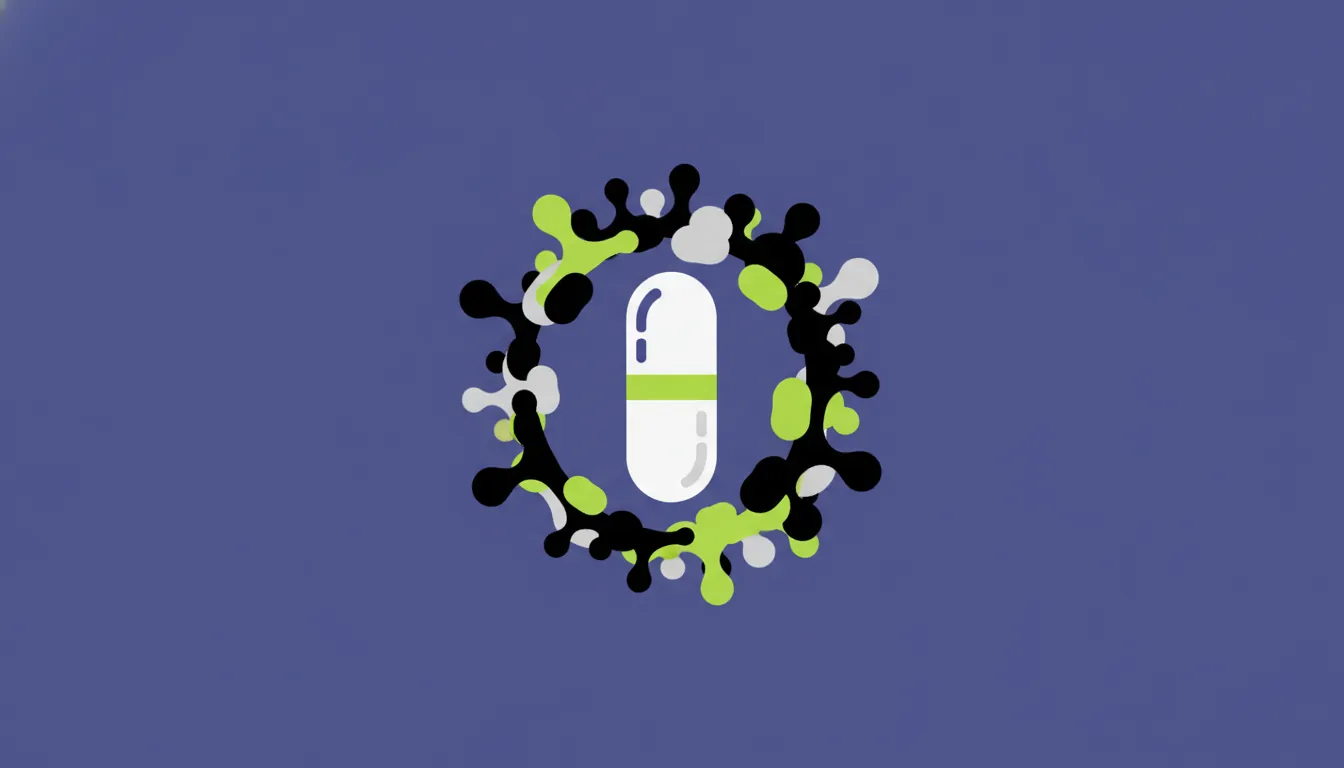 A minimalist illustration of a biopharmaceutical capsule and a cancer cell on a solid background.