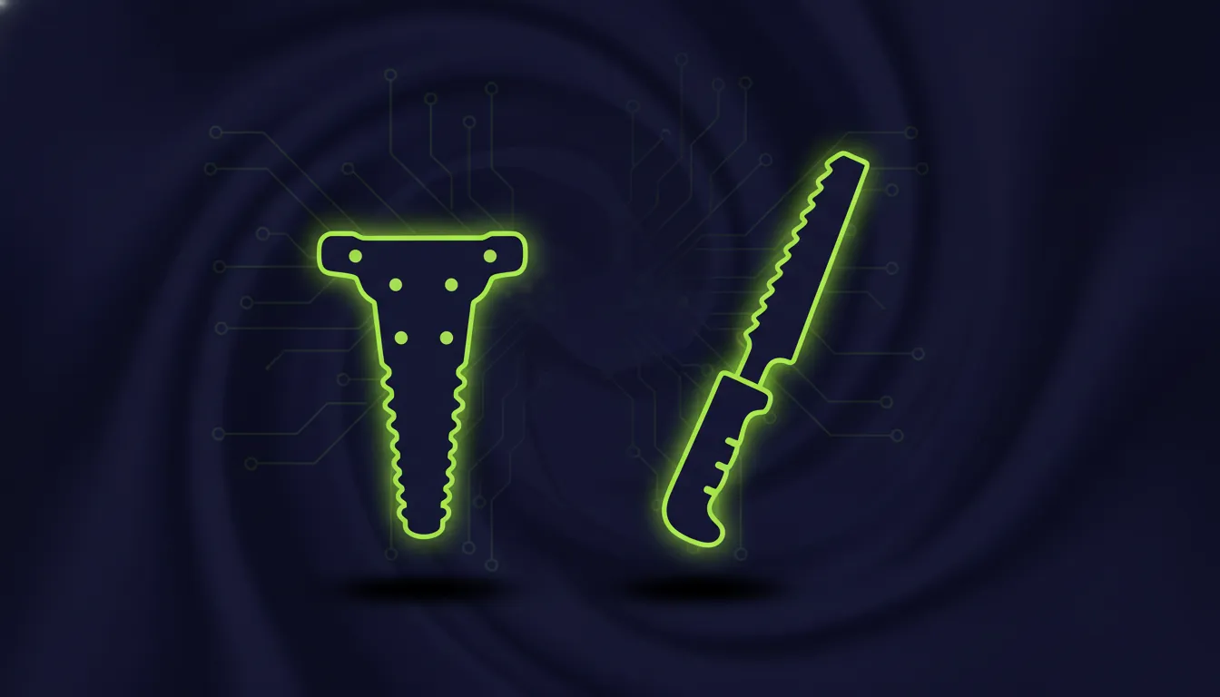A minimalist illustration of a surgical implant and tool on a dark background.