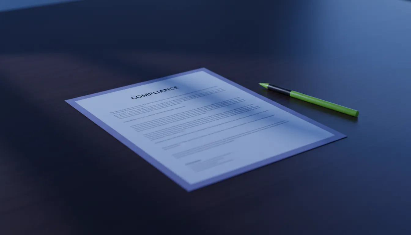 A compliance document and pen on a desk in a dimly lit office