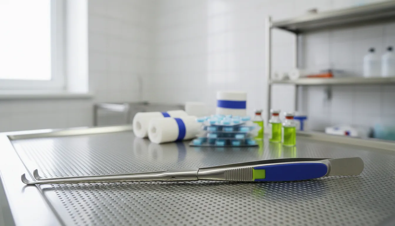 A surgical instrument on a clinical table