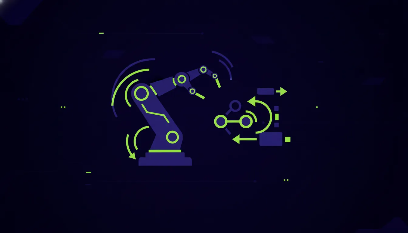A minimalist illustration of a robotic arm and an audit trail icon in a dark palette.