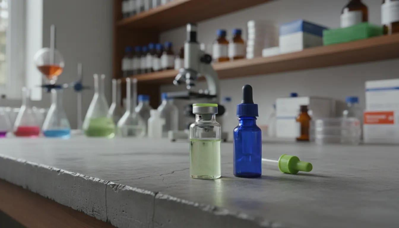 A vial of a drug compound in a laboratory setting