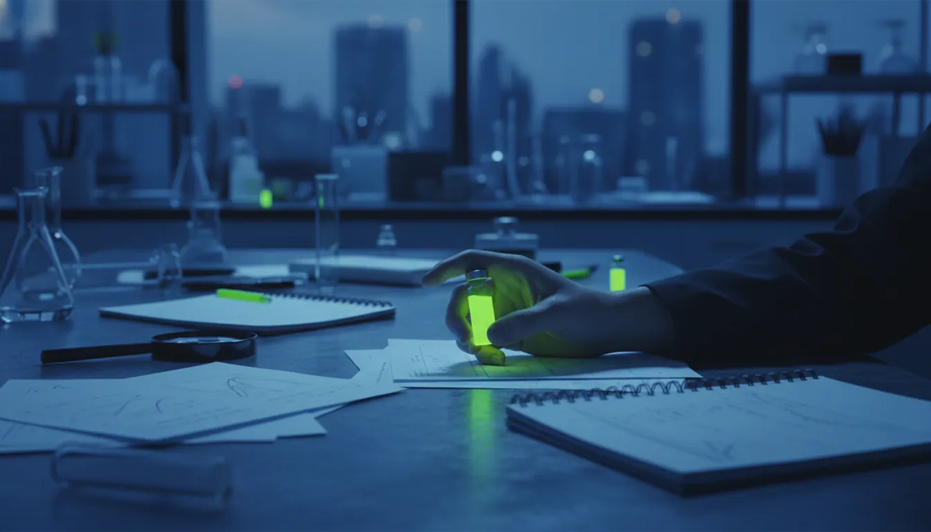 A hand holding a vial in a dimly lit lab
