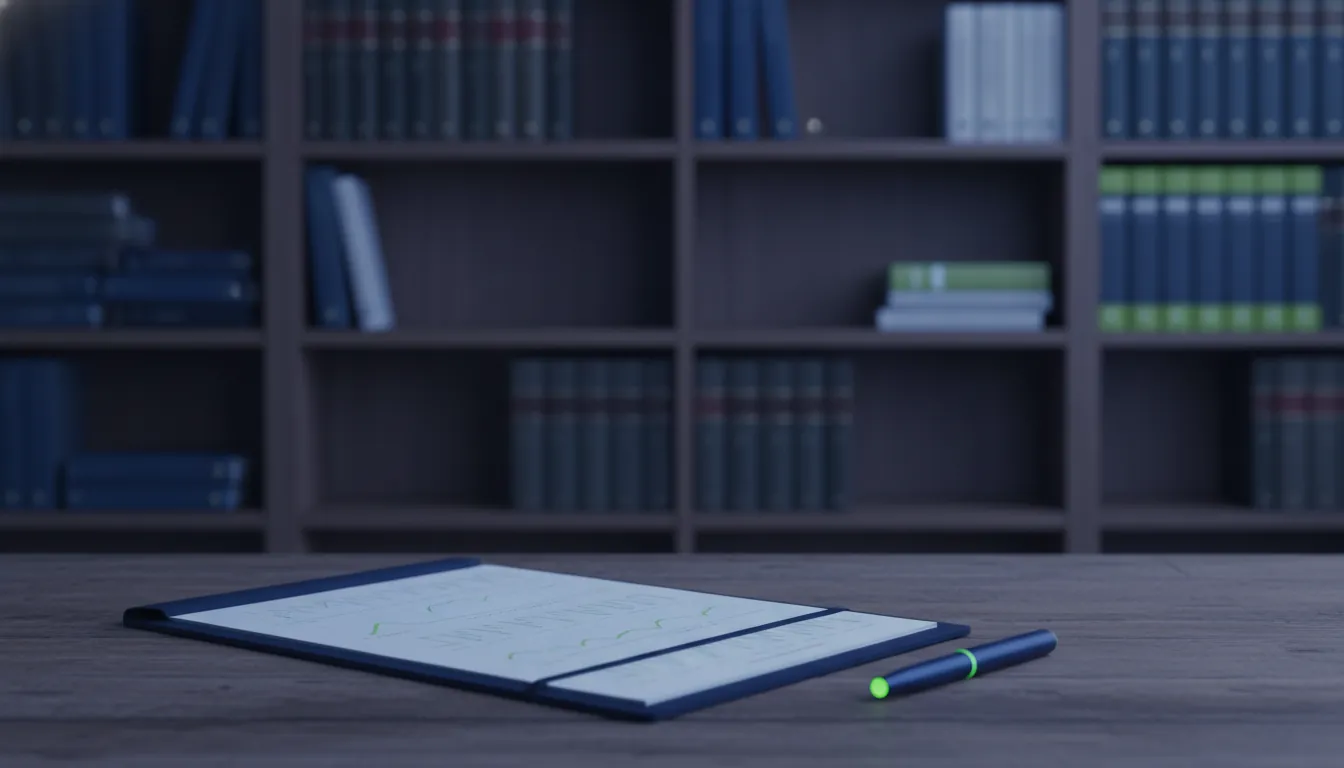 A medical chart and pen on a desk in a dimly lit office