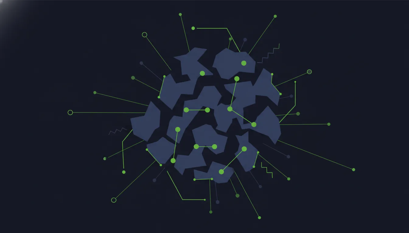 Minimalist illustration of a protein structure in dark tones with lime accents.