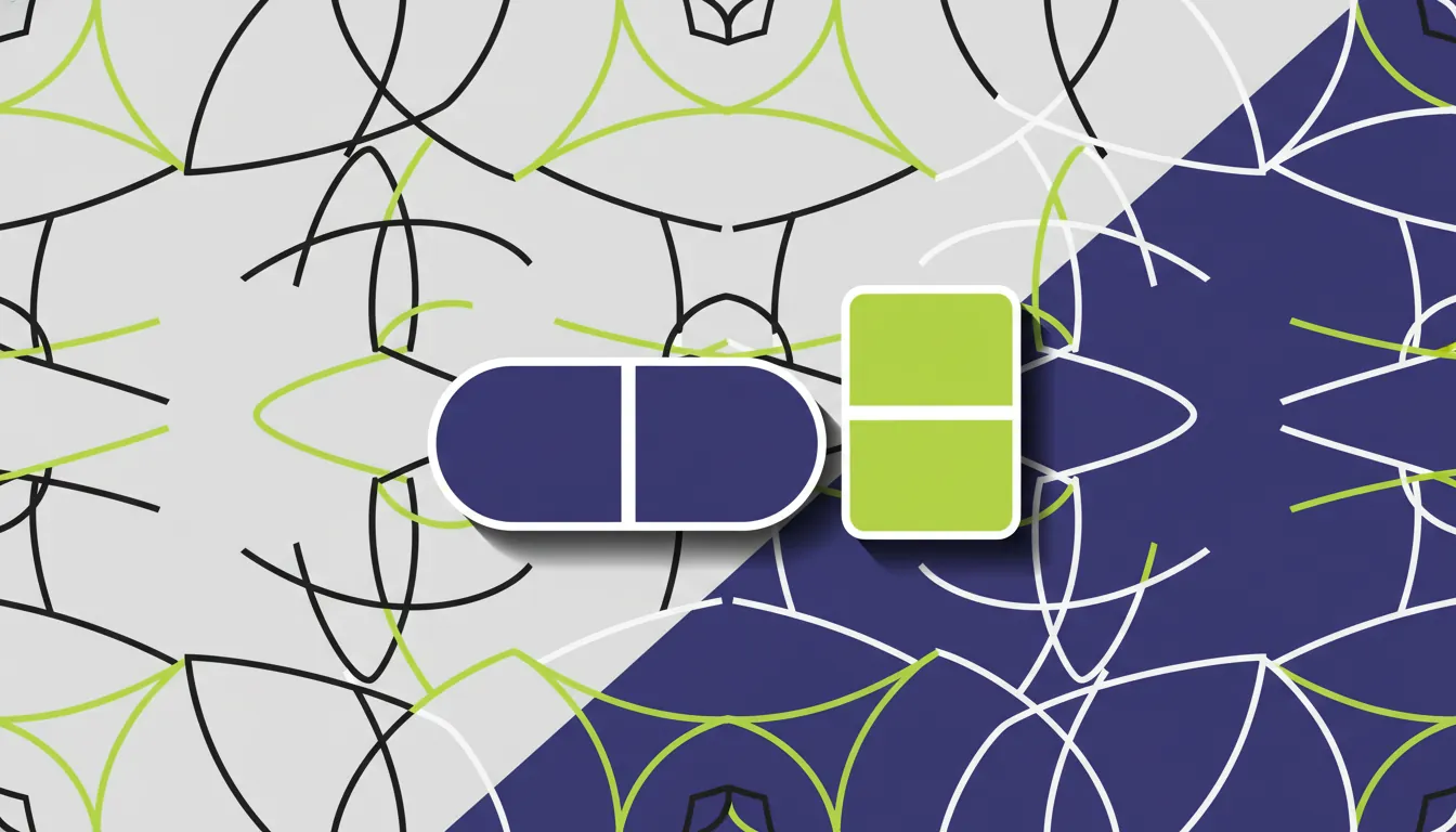 A minimalist illustration of a pill and tablet on a solid background.