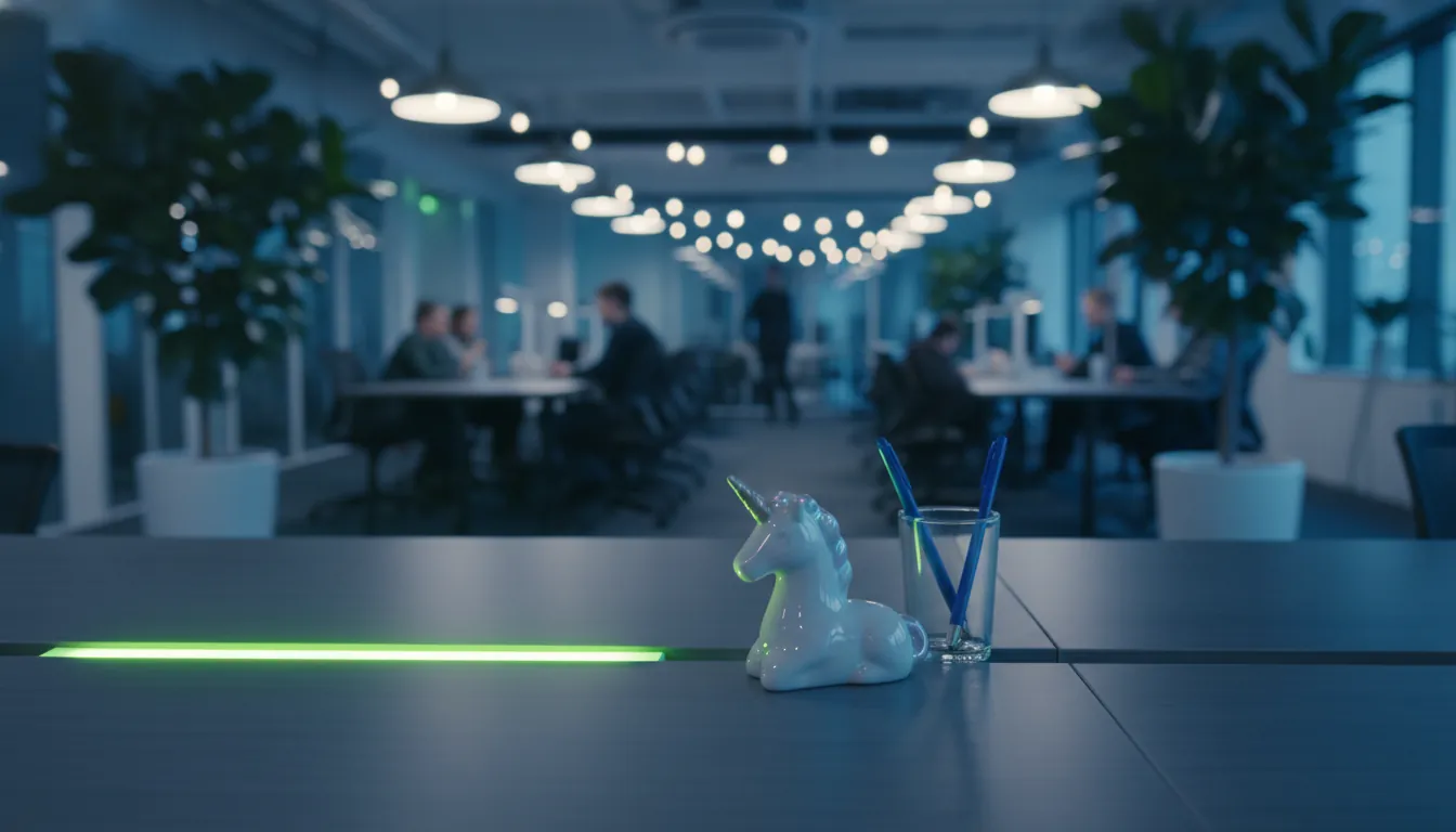 A unicorn figurine on a desk in a modern startup office during blue hour.