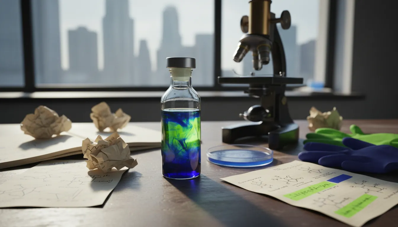 A glass vial on a lab bench with a microscope in the background