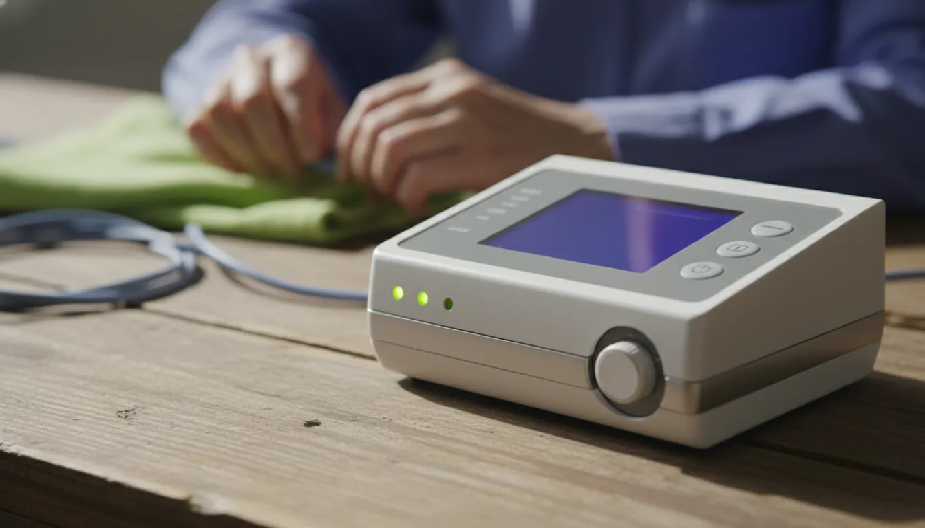 A caregiver adjusting a health monitoring device in a clinical setting.
