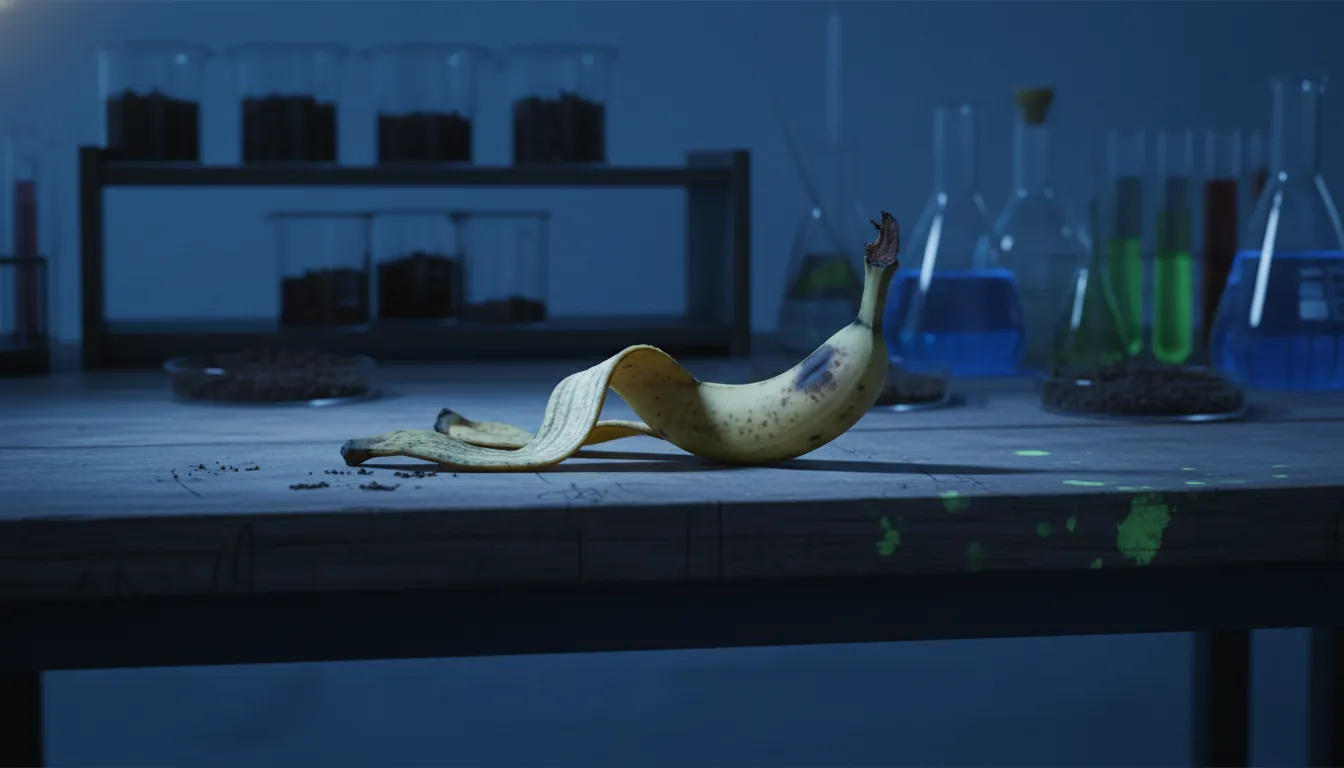 A banana peel on a wooden table in a dimly lit lab, with soil samples in the background.