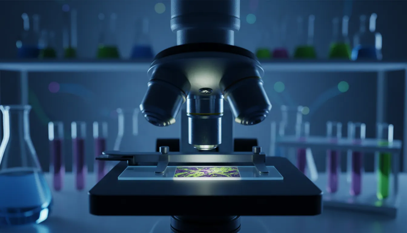 A tissue sample on a microscope slide in a dimly lit lab