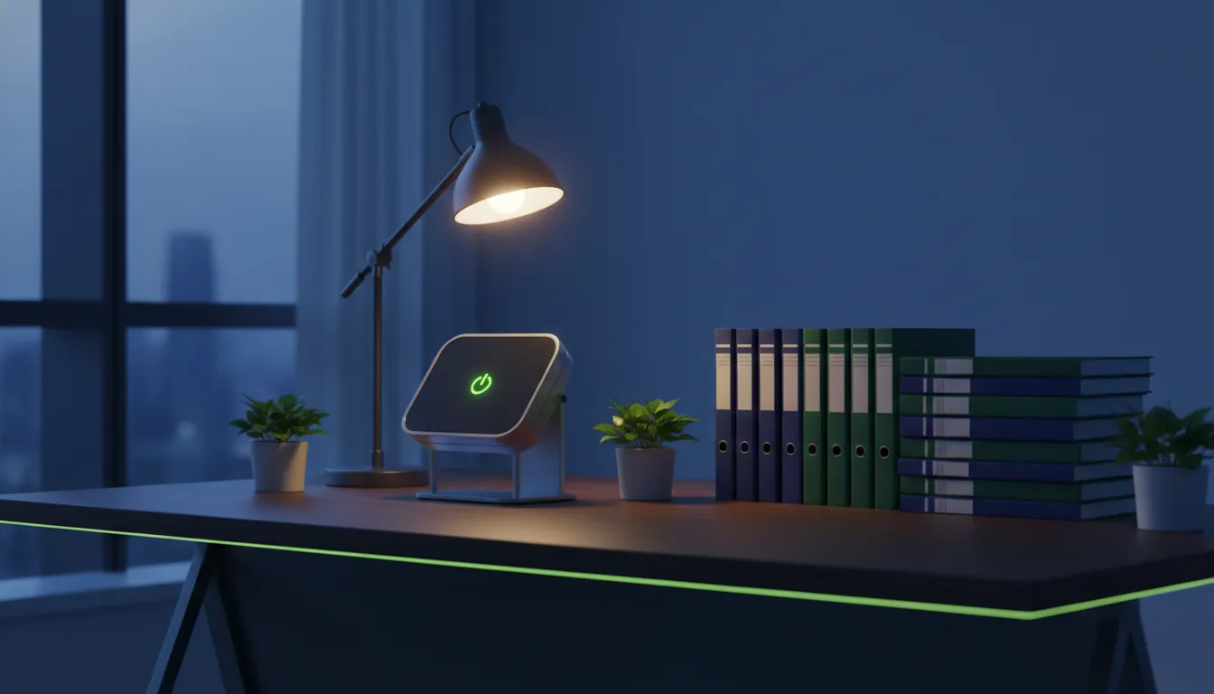 A desk with regulatory documents and a medical device in a dimly lit office.