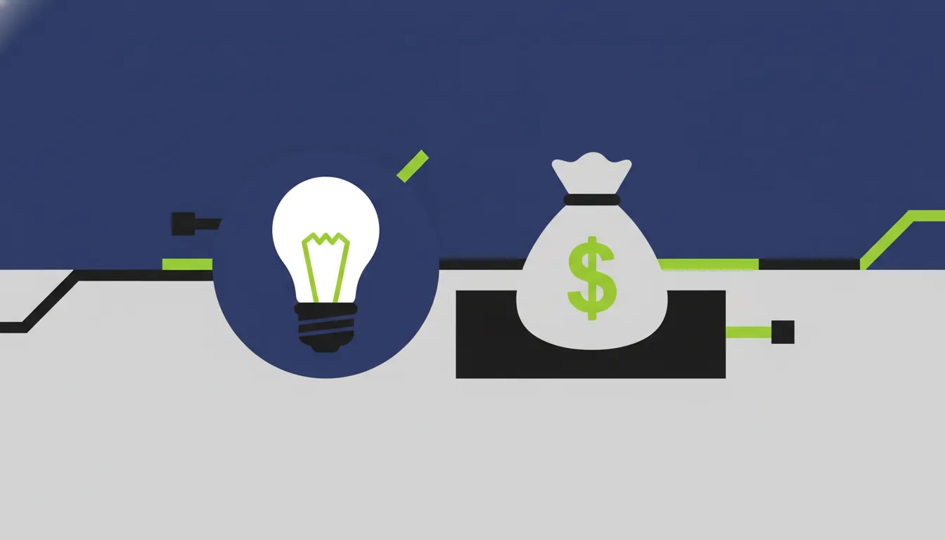 A minimalist illustration of a light bulb and a money bag on a solid background.
