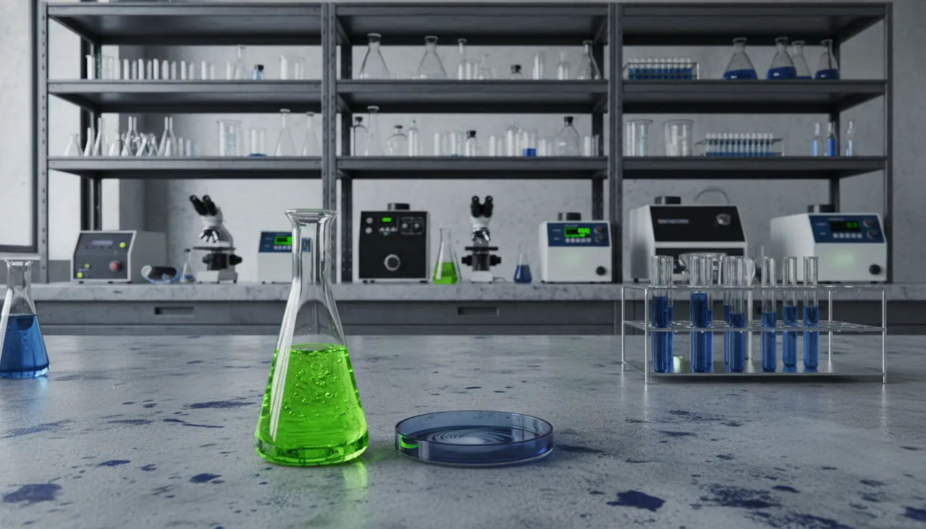 A test tube with a colorful liquid sample in a laboratory setting