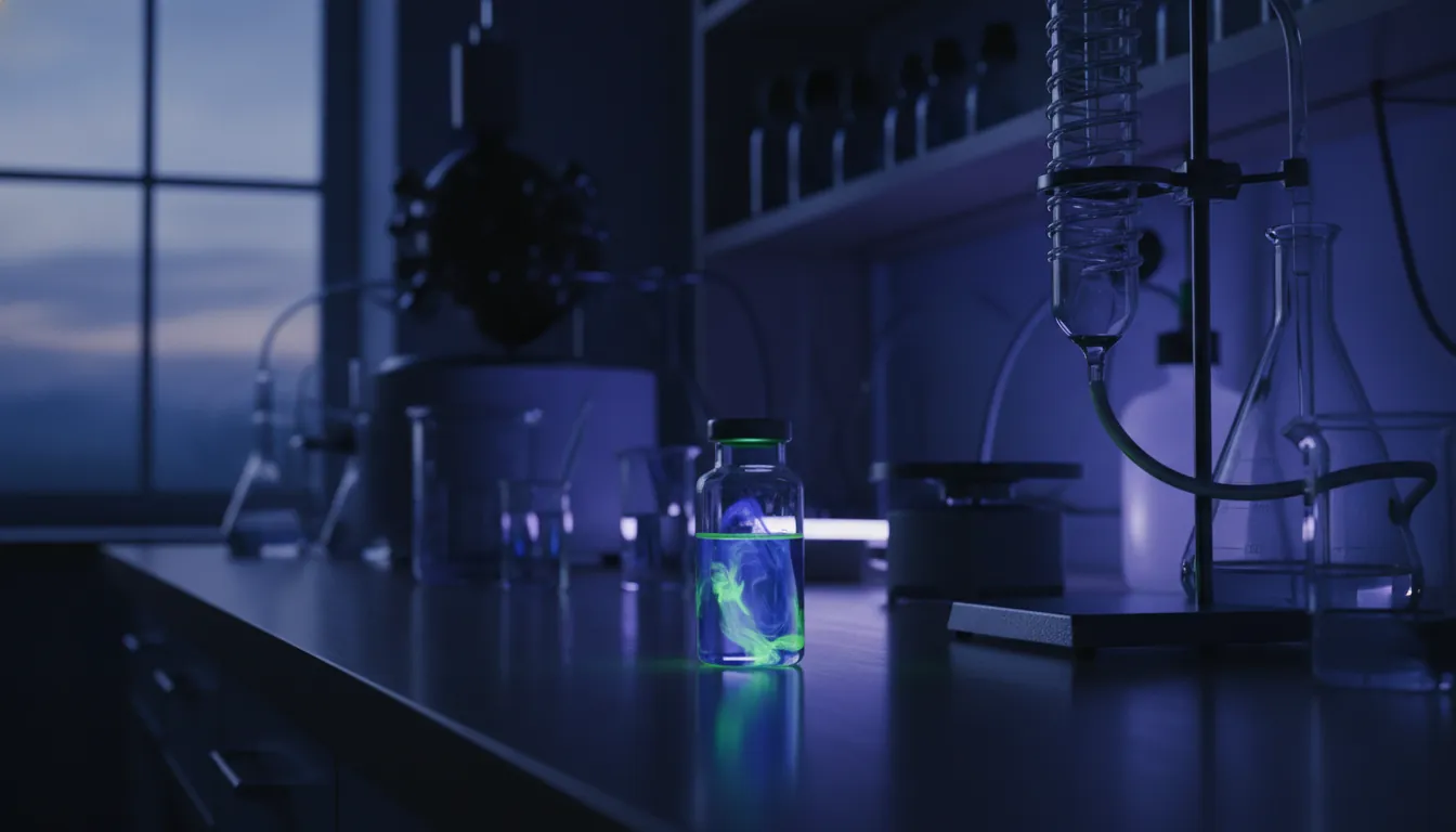 A laboratory vial filled with a colorful liquid in a dimly lit lab setting.