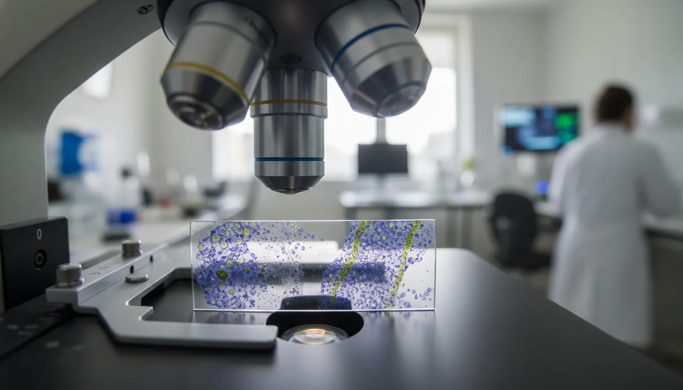 A tissue sample on a microscope slide in a clinical lab setting.