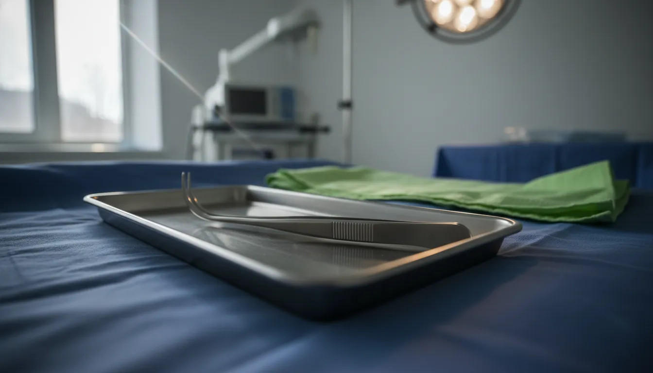 A surgical instrument on a tray in an operating room