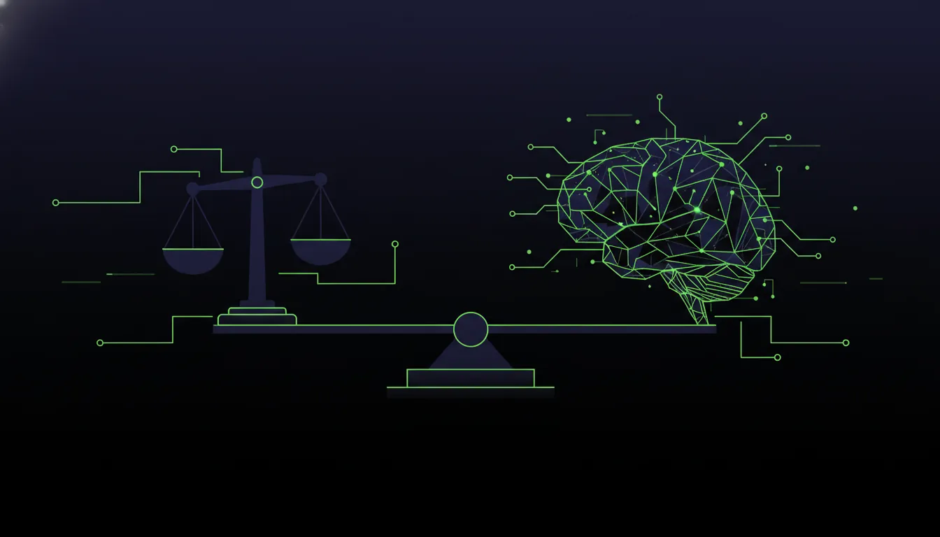 Scales of justice balanced with an AI brain silhouette